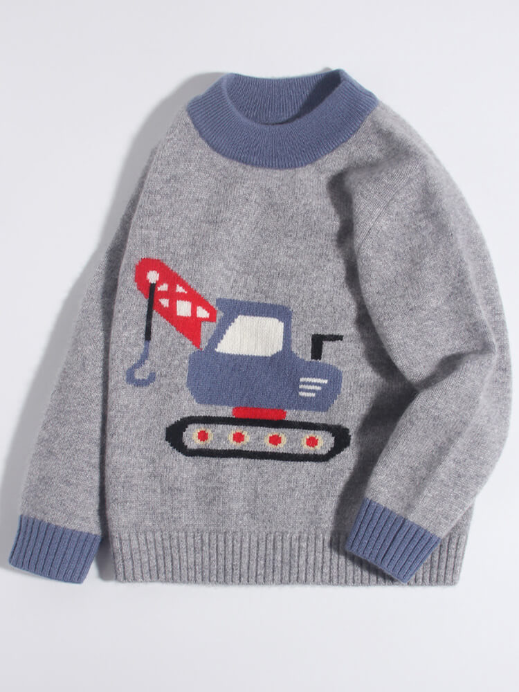 (image for) Boys Fun Excavator Knit Pattern 100% Cashmere Crew Neck Sweater